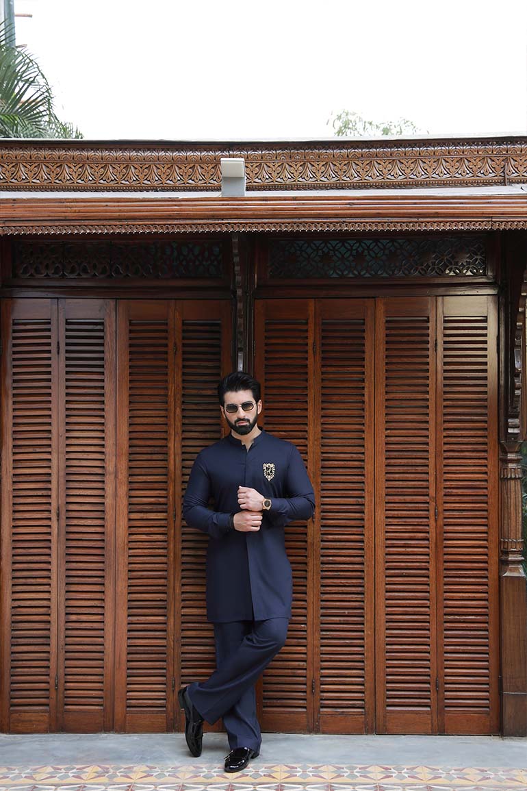 NAVY BLUE SELF TEXTURE WASH N WEAR KURTA PAJAMA