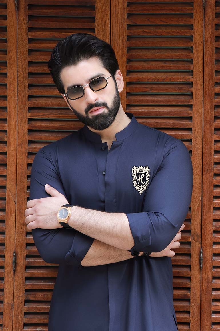 NAVY BLUE SELF TEXTURE WASH N WEAR KURTA PAJAMA