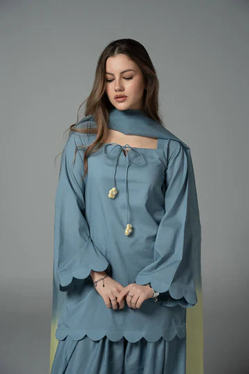 Dull Blue Cotton Shalwar Kameez – Crochet Detail 3 Piece