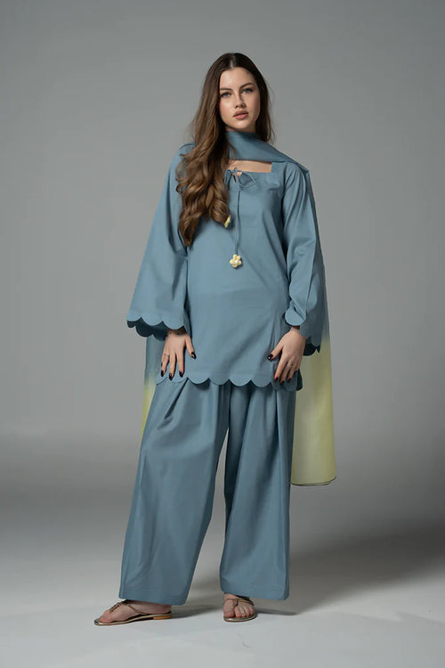 Dull Blue Cotton Shalwar Kameez – Crochet Detail 3 Piece