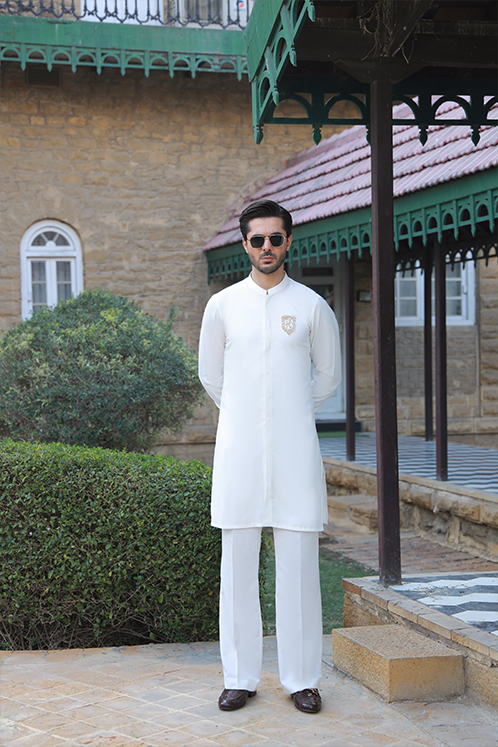 OFF WHITE SELF TEXTURE WASH N WEAR KURTA PAJAMA
