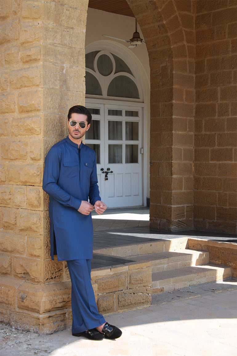 ROYAL BLUE LINEN KURTA PAJAMA
