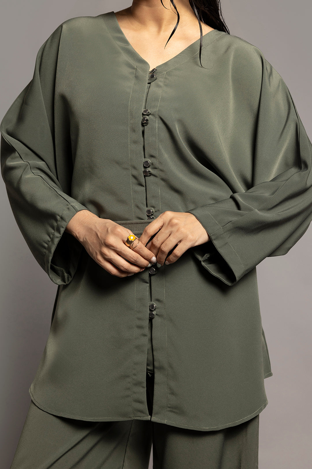 Crape Silk Co-Ord Set – Olive Green 2 Piece Wear