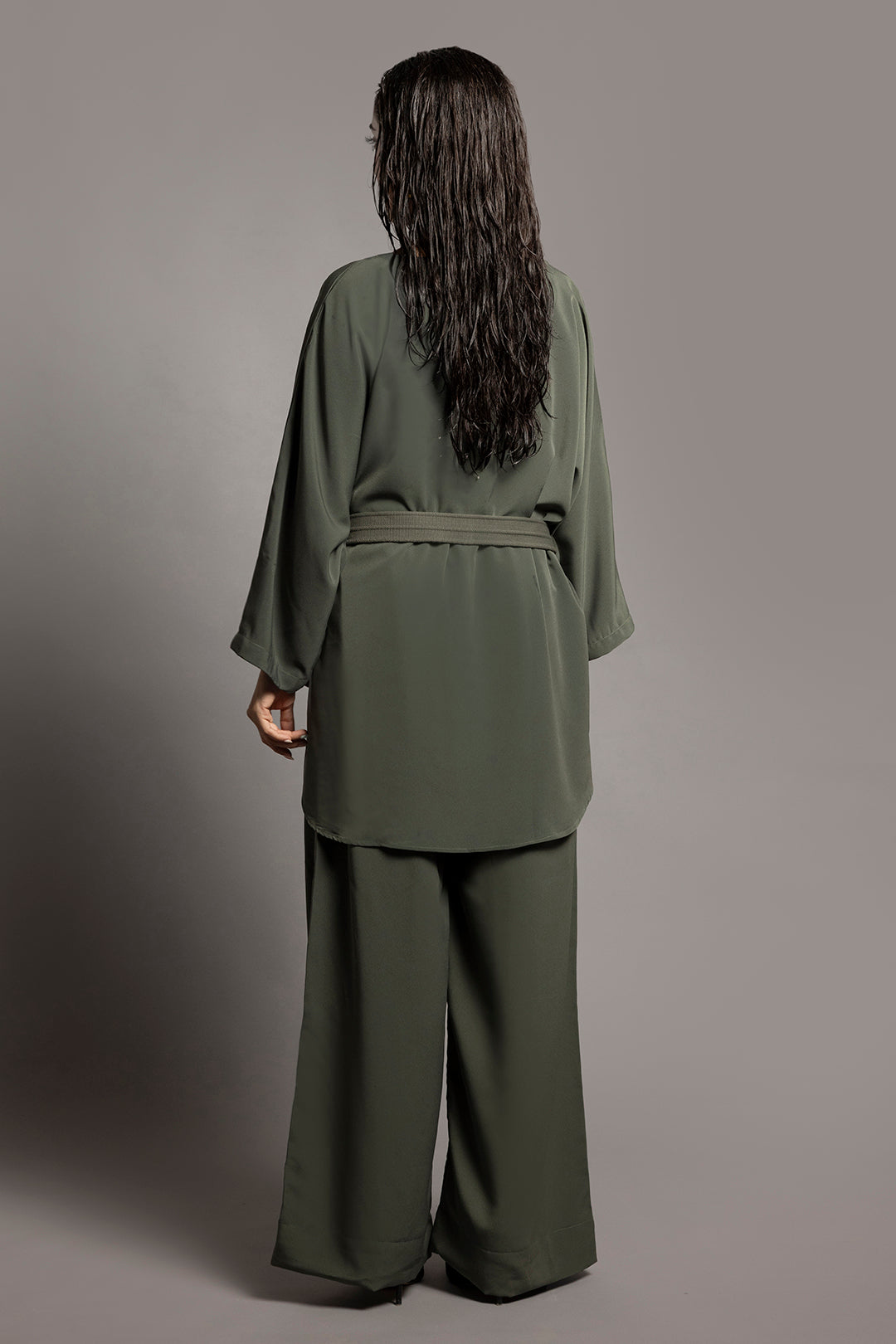 Crape Silk Co-Ord Set – Olive Green 2 Piece Wear