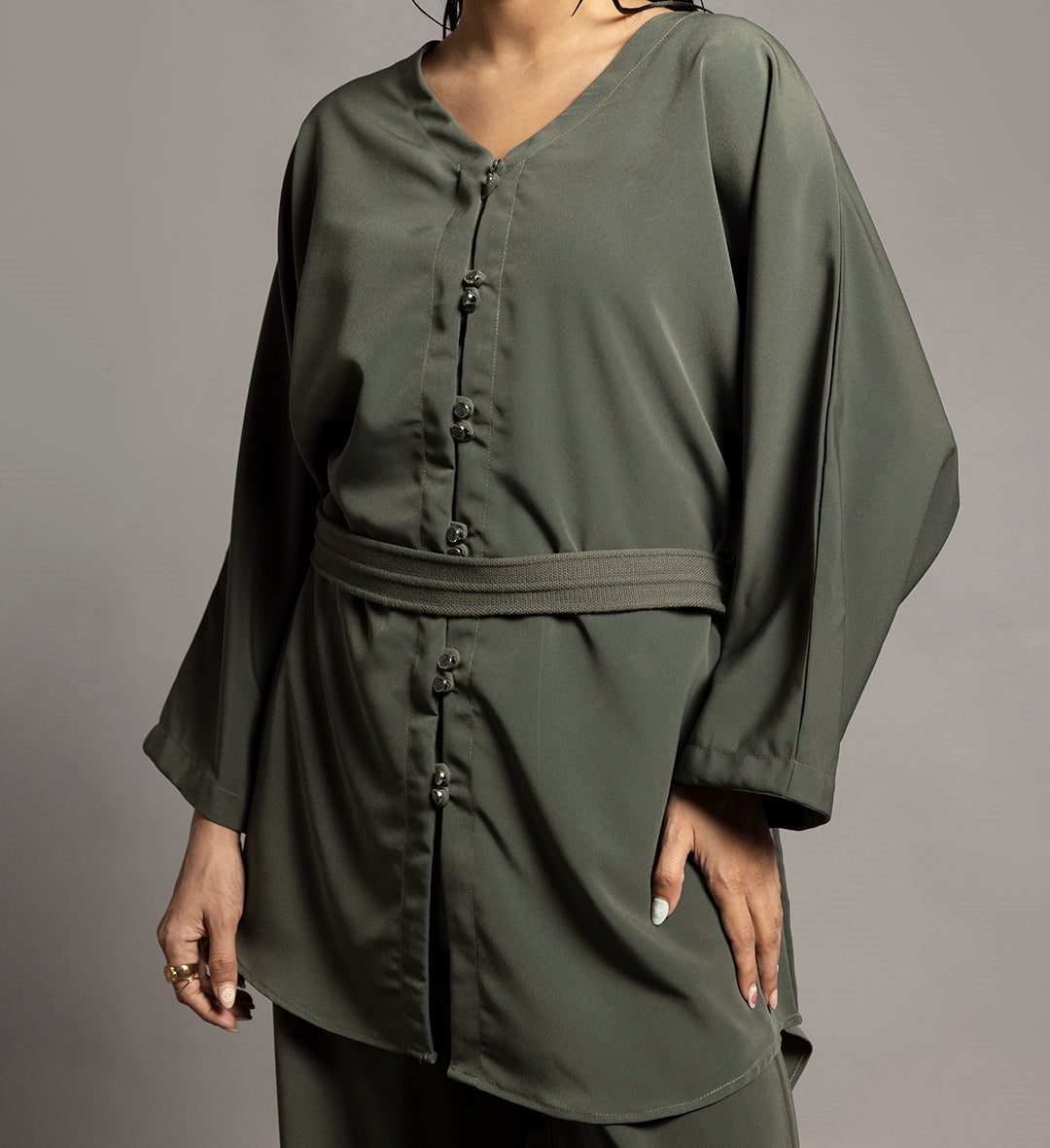 Crape Silk Co-Ord Set – Olive Green 2 Piece Wear